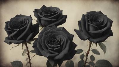 The primary subject of the image is a bouquet of three black roses. The setting is a dark background, which contrasts with the black roses, creating a dramatic and moody atmosphere. The visual style appears to be a photo, as the roses are depicted in a realistic manner. The colors and mood of the image are predominantly dark, with the black roses being the focal point.