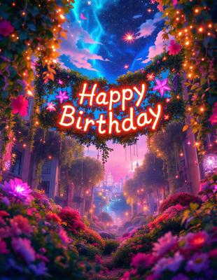 Happy Birthday: [The main object, scene, or focus of the image is a sign that reads "Happy Birthday."]

Setting/background: [The environment, backdrop, or surface visible in the image is a forest with lots of flowers.]

Visual style: [The image is a digital art or illustration.]

Colors and mood: [The dominant colors in the image are pink and purple, creating a warm and celebratory atmosphere.]