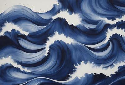 The primary subject of the image is a large blue wave with white foam, which is the main focus of the scene. The setting is a vast ocean, and the visual style is a painting or drawing, giving the image a more artistic and creative appearance. The dominant colors are blue and white, creating a serene and calming atmosphere.