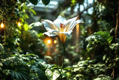 The primary subject of the image is a white flower with a yellow center, which is blooming in a lush green forest. The setting is a forest filled with green plants, creating a serene and natural atmosphere. The visual style of the image is a photo, capturing the beauty of the flower in its natural environment. The dominant colors in the image are green, white, and yellow, creating a sense of freshness and vitality.