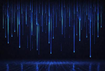 The primary subject of the image is a rainy scene with a blue background. The setting is a dark room with a blue floor, and the visual style is a digital art or illustration. The dominant colors are blue and black, creating a moody and atmospheric mood.