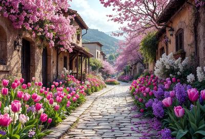 The primary subject of the image is a narrow alleyway lined with pink flowers, creating a beautiful and serene atmosphere. The setting is a quaint village with stone buildings, and the visual style is a photo. The dominant colors are pink and purple, giving the scene a warm and inviting mood.
