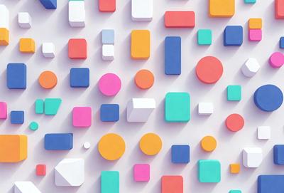 The primary subject of the image is a collection of colorful geometric shapes, including squares, triangles, and circles. These shapes are arranged in a visually appealing manner, creating a vibrant and lively scene. The setting is a white background, which provides a clean and uncluttered environment for the shapes to stand out. The visual style of the image is a combination of digital art and illustration, with the shapes appearing to be three-dimensional and realistic. The dominant colors in the image are pink, blue