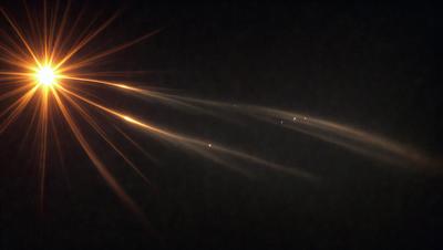 The primary subject of the image is a bright light, possibly a star or a light source, with a trail of light behind it. The setting is a dark sky, and the visual style appears to be a photo. The colors and mood of the image are predominantly dark, with the bright light standing out against the black background.