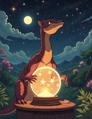 The primary subject of the image is a large, anthropomorphic animal, possibly a fox or a dog, standing next to a round object. The setting appears to be a forest or a similar natural environment. The visual style of the image is a combination of digital art and illustration, giving it a unique and creative appearance. The dominant colors in the image are shades of green, brown, and white, creating a warm and natural atmosphere.