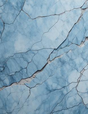 The primary subject of the image is a cracked blue marble wall. The setting is a stone wall with a blue marble texture. The visual style is a close-up of the cracked marble wall, showcasing its unique texture and color. The colors and mood of the image are predominantly blue, with a slightly rough and weathered appearance due to the cracked surface.