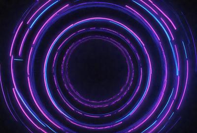 The primary subject of the image is a purple circle with a black background. The visual style appears to be a digital art or illustration, as the circle is described as a neon or glowing circle. The colors and mood of the image are predominantly purple and black, creating a striking and dramatic atmosphere.