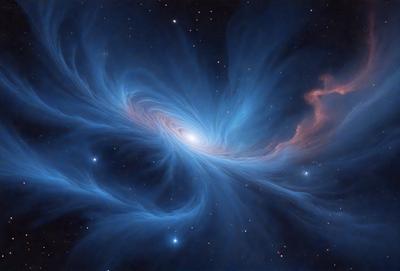 The primary subject of the image is a large, swirling, blue nebula. The setting is a dark, starry sky, with the nebula being the main focus of the image. The visual style is a combination of a photo and digital art, creating a striking and detailed representation of the celestial object. The colors and mood of the image are predominantly blue, with a sense of wonder and awe, as the viewer is drawn into the depths of the nebula.