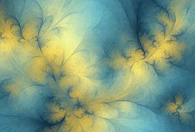 The primary subject of the image is a blue and yellow swirling pattern, which appears to be a digital art or illustration. The setting is a blue background, and the visual style suggests that it is a digital artwork or a painting. The dominant colors are blue and yellow, creating a vibrant and lively atmosphere.