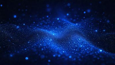 The primary subject of the image is a blue, swirling, and sparkling background. The setting is a dark, starry night, with the background being the main focus of the image. The visual style is a combination of a photo and digital art, creating a unique and captivating atmosphere. The dominant colors are blue and white, with the blue background and white sparkles, giving the image a serene and celestial mood.