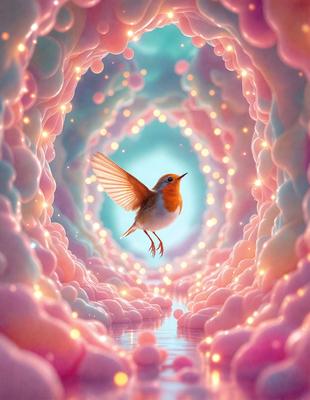 Primary subject: A small bird with a red breast, flying through a tunnel of pink and blue lights.

Setting/background: The bird is flying through a tunnel-like structure, surrounded by pink and blue lights. The tunnel appears to be a part of a larger, colorful environment.

Visual style: The image is a digital artwork, featuring a bird in a vibrant and surreal setting.

Colors and mood: The dominant colors in the image are pink and blue, creating a