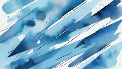 The primary subject of the image is a painting of a blue sky with white clouds. The setting is a blue background, and the visual style is a watercolor painting. The colors and mood of the painting are predominantly blue and white, creating a serene and calming atmosphere.