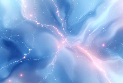The primary subject of the image is a brightly lit, swirling, and colorful nebula. The setting is a vast, dark space, with the nebula being the main focus of the image. The visual style is a combination of a photo and digital art, creating a vibrant and dynamic scene. The colors and mood of the image are predominantly blue and purple, with a sense of energy and movement.