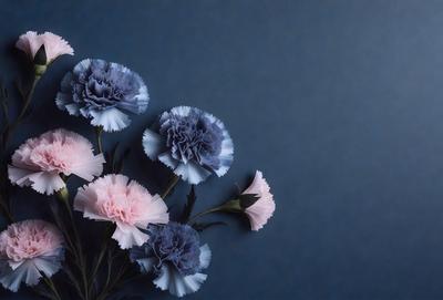 The primary subject of the image is a bouquet of three blue and white flowers, each with a different shape and size. They are arranged in a vase and placed against a blue wall, creating a visually appealing scene. The setting appears to be a studio or a controlled environment, as the flowers are carefully positioned and the overall composition is well-executed. The visual style of the image is a combination of photography and digital art, as the flowers are depicted in a realistic manner while the blue wall adds a touch