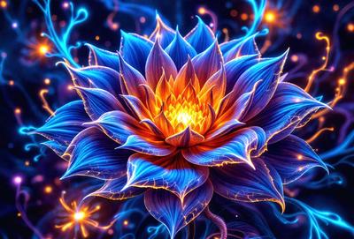 The primary subject of the image is a large, vibrant blue flower with a yellow center. The flower is the focal point of the scene, and it is set against a backdrop of a blue and purple sky. The visual style of the image is digital art, with the flower and its surroundings appearing to be digitally rendered or manipulated. The dominant colors in the image are blue and yellow, creating a sense of warmth and energy.