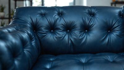 The primary subject of the image is a blue leather couch with a patterned design. The setting is a room with a window, and the visual style is a photo. The dominant colors in the image are blue and black, creating a modern and sophisticated atmosphere.