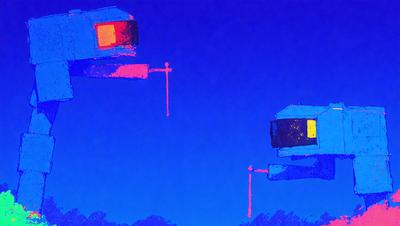 The primary subject of the image is a pair of blue and red lights, which appear to be floating in the air. The lights are positioned in a way that they seem to be looking at each other. The setting is a dark blue sky, which creates a moody atmosphere. The visual style of the image is a combination of digital art and illustration, giving it a unique and artistic appearance. The colors and mood of the image are predominantly blue and dark, with a hint of red, creating a sense of depth and