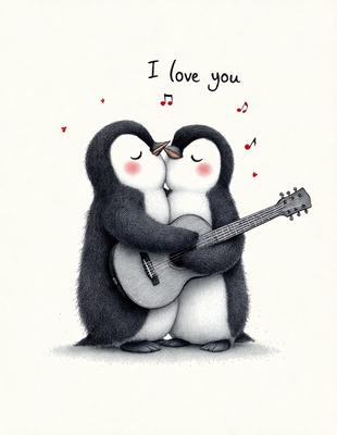 The image features two penguins standing close to each other, with one penguin holding a guitar. The penguins are positioned in a way that they appear to be kissing, creating a playful and affectionate scene. The setting is a white background, which provides a clean and simple backdrop for the penguins and their guitar. The visual style is a combination of digital art and illustration, giving the image a unique and creative appearance. The colors and mood of the image are predominantly light and