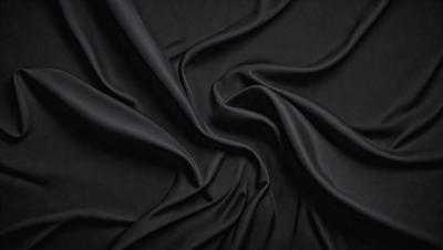 The primary subject of the image is a close-up of a black fabric, possibly a piece of clothing or a curtain. The setting is a dark background, which emphasizes the fabric's texture and details. The visual style appears to be a close-up or a detailed view of the fabric. The colors and mood of the image are predominantly dark, with the black fabric being the main focus.