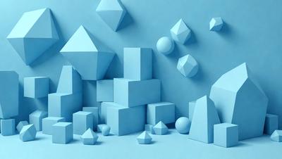 The primary subject of the image is a blue and white geometric pattern, which is displayed on a blue background. The pattern consists of various shapes, including triangles and cubes, arranged in a visually appealing manner. The setting is a blue wall, which serves as the backdrop for the pattern. The visual style of the image is a combination of digital art and illustration, creating a unique and eye-catching design. The dominant colors in the image are blue and white, giving it a clean and modern appearance.
