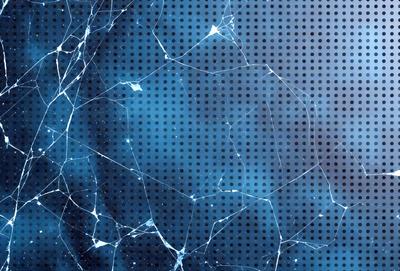 The primary subject of the image is a blue background with a pattern of white dots. The setting appears to be a digital art or illustration, as the background is described as a "blue background with a pattern of white dots." The visual style is digital, as the dots are described as "white dots" rather than "holes" or "pores." The colors and mood of the image are predominantly blue and white, creating a calm and serene atmosphere.