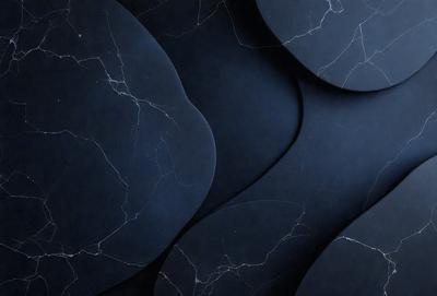 The primary subject of the image is a black and white marble wall with a pattern of circles. The setting is a dark room, and the visual style is a close-up of the marble wall. The dominant colors are black and white, creating a moody atmosphere.