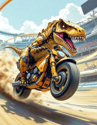 Primary subject: A cartoon dinosaur riding a motorcycle.

Setting/background: A dirt track with a stadium in the background.

Visual style: Digital art.

Colors and mood: The image is colorful and has a playful, fun atmosphere.