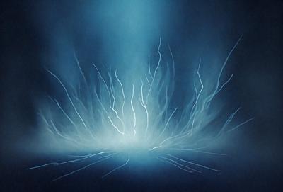 The primary subject of the image is a bright light source, possibly a lightning bolt, in a dark blue sky. The setting is a night sky, and the visual style appears to be a digital art or illustration. The dominant colors are blue and white, creating a serene and dramatic atmosphere.