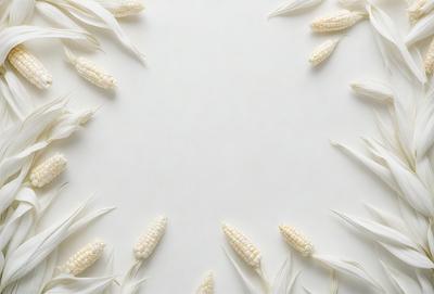 The primary subject of the image is a close-up of a white surface with a pattern of white and yellow corn kernels. The setting is a white background, and the visual style appears to be a photo. The colors and mood of the image are predominantly white and yellow, creating a clean and fresh atmosphere.