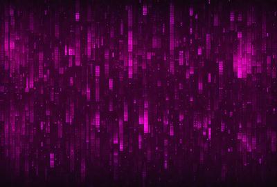 The primary subject of the image is a purple background with a pattern of pink and purple squares. The setting is a dark room, and the visual style appears to be a digital art or illustration. The dominant colors and overall atmosphere are a mix of purple and pink, creating a vibrant and lively mood.
