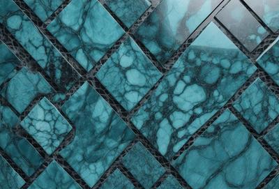 The primary subject of the image is a blue tile with a pattern of black and white squares. The setting is a wall, and the visual style is a close-up of the tile. The dominant colors are blue and black, creating a modern and stylish atmosphere.