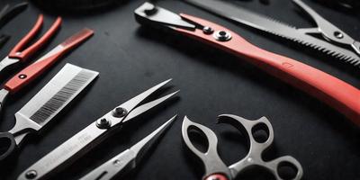 The primary subject of the image is a collection of scissors and other cutting tools. The setting is a black surface, possibly a table, where the scissors are laid out. The visual style is a close-up of the scissors, showcasing their details. The colors and mood of the image are predominantly black, giving it a professional and organized appearance.