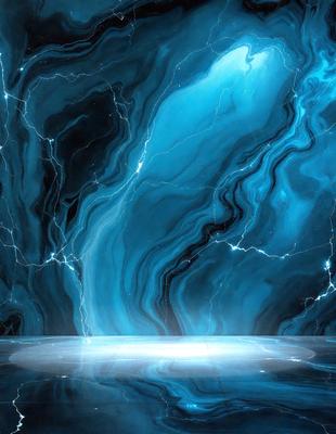The primary subject of the image is a blue and white lightning bolt, which is the main object, scene, or focus of the image. The setting is a dark, blue-toned room with a marble-like surface. The visual style is digital art, as the lightning bolt is depicted in a digital manner. The colors and mood of the image are predominantly blue and dark, creating a moody and dramatic atmosphere.