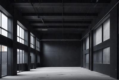 The primary subject of the image is a large, dark room with a high ceiling. The setting is a black and white photo, giving the room a moody atmosphere. The visual style is a black and white photograph, which adds a sense of timelessness to the scene. The colors and mood of the image are predominantly dark, with the black and white photography emphasizing the contrasts and textures within the room.