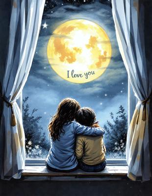The primary subject of the image is a woman and a child sitting together on a window sill. They are looking out at the night sky, which is filled with stars. The setting is a nighttime scene with a moon visible in the sky. The visual style is a digital art or illustration, creating a warm and cozy atmosphere. The colors and mood of the image are predominantly dark, with the moon and stars providing a sense of tranquility and connection between the woman and the child.