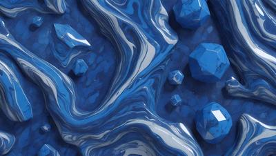 The primary subject of the image is a blue and white swirling pattern, which appears to be a digital art or illustration. The setting is a blue surface, possibly a wall or a background, with a few blue and white crystals scattered around. The visual style is a combination of digital art and illustration, creating a unique and intricate design. The colors and mood of the image are predominantly blue and white, giving it a calm and soothing atmosphere.