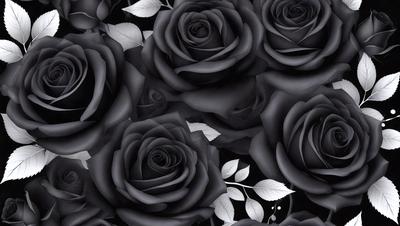 The primary subject of the image is a close-up of a black rose. The setting is a black and white background, which gives the image a classic and elegant appearance. The visual style is a combination of a photo and a drawing, creating a unique and artistic representation of the rose. The dominant colors are black and white, with the black rose being the focal point of the image. The overall atmosphere is sophisticated and timeless.