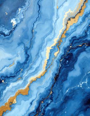 The primary subject of the image is a blue and gold marbled stone. The setting is a blue and gold marbled stone wall, which serves as the background. The visual style is a close-up of the marbled stone, showcasing its intricate patterns and colors. The dominant colors are blue and gold, creating a rich and luxurious atmosphere.