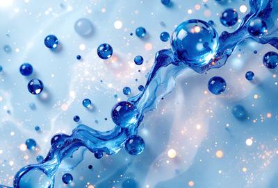 The primary subject of the image is a blue liquid, possibly water or a blue substance, with a few bubbles floating in it. The setting is a blue background, which adds to the overall visual style. The image appears to be a digital art or illustration, as it features a blue liquid with bubbles and a blue background. The colors and mood of the image are predominantly blue, creating a calm and serene atmosphere.