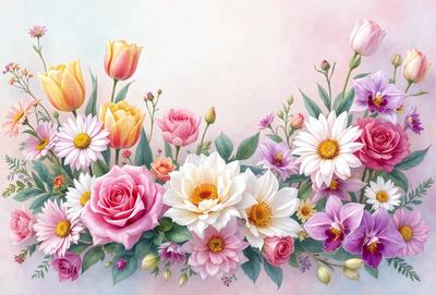 The primary subject of the image is a beautiful bouquet of flowers, featuring a variety of different types and colors. The flowers are arranged in a visually appealing manner, creating a sense of harmony and natural beauty. The setting is a white wall, which serves as a clean and uncluttered backdrop for the vibrant flowers. The visual style of the image is a painting, which adds an artistic and detailed touch to the composition. The colors and mood of the painting are predominantly warm and inviting,