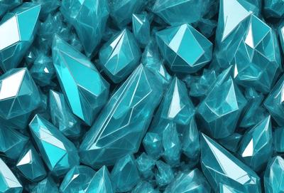 The primary subject of the image is a large collection of blue crystals, which are arranged in a visually appealing manner. The setting is a blue background, which complements the vibrant colors of the crystals. The visual style of the image is a combination of photo and digital art, creating a unique and eye-catching display. The dominant colors in the image are blue and turquoise, giving the scene a calming and serene atmosphere.