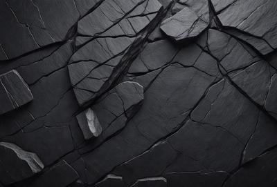 The primary subject of the image is a large rock with a crack in it. The setting is a dark, rocky surface, possibly a stone wall or a natural rock formation. The visual style is a black and white photo, which adds a dramatic and artistic touch to the scene. The colors and mood of the image are dark and moody, emphasizing the rough and rugged nature of the rock.