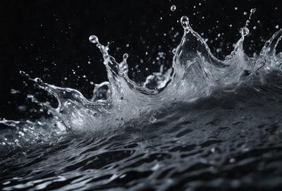The primary subject of the image is a splash of water, which is the main focus of the scene. The water is captured in a close-up shot, creating a visually striking and dynamic image. The setting is a dark background, which contrasts with the brightness of the water splash. The visual style of the image is a black and white photo, giving it a timeless and classic appearance. The colors and mood of the image are predominantly dark, with the water splash being the only bright and vibr