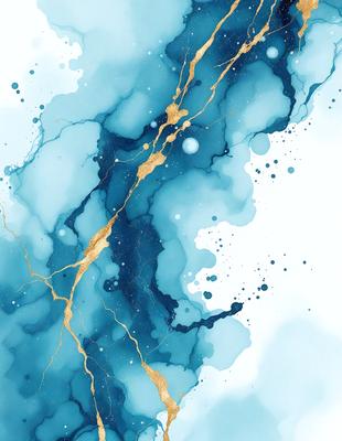 The primary subject of the image is a painting of a blue and gold waterfall. The setting is a white background, and the visual style is a digital art or illustration. The dominant colors are blue and gold, creating a serene and calming atmosphere.