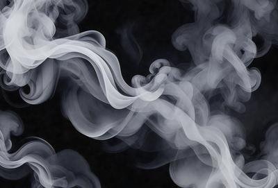 The primary subject of the image is a large, swirling cloud of smoke. The setting is a dark background, which contrasts with the smoke, creating a dramatic visual effect. The visual style is a black and white photo, which adds to the mood of the image. The colors and mood are dominated by the smoke, which appears as a swirling mass of white and gray, giving the impression of a stormy or dramatic atmosphere.