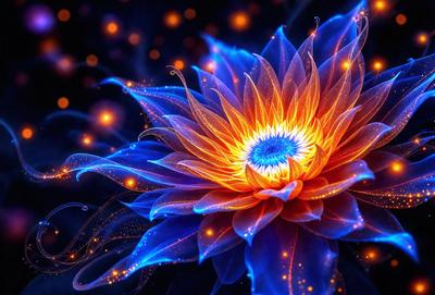The primary subject of the image is a large, vibrant flower with a blue and orange color scheme. The flower is the focal point of the scene, and it is set against a backdrop of a dark, starry sky. The visual style of the image is a combination of photo and digital art, creating a unique and captivating representation of the flower. The dominant colors of the image are blue and orange, which evoke a sense of warmth and energy.