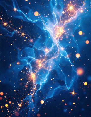 The primary subject of the image is a blue nebula with a bright, glowing center. The setting is a dark, starry sky, and the visual style is a combination of a photo and digital art. The colors are predominantly blue, with some orange and white accents, creating a serene and celestial atmosphere.
