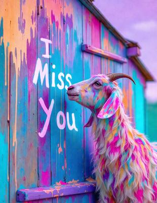The primary subject of the image is a goat with a colorful coat, standing in front of a colorful wall. The goat appears to be looking at the wall, possibly reading the message written on it. The setting is an outdoor environment, with a building visible in the background. The visual style of the image is a combination of photo and digital art, creating a vibrant and lively atmosphere. The dominant colors in the image are pink, blue, and green, which contribute to the overall cheerful and playful