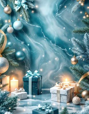 The primary subject of the image is a Christmas tree with ornaments and presents. The setting is a room with a blue wall, and the visual style is a digital art or illustration. The colors and mood of the image are festive and joyful, with the blue wall and ornaments creating a cozy and warm atmosphere.