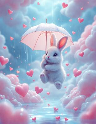 The primary subject of the image is a white bunny rabbit with a pink umbrella. The setting is a cloudy sky, and the visual style is digital art. The dominant colors are pink and white, creating a warm and playful atmosphere.